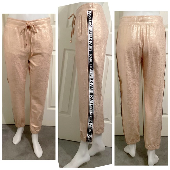 NWOT, KARL LAGERFELD PARIS, Matching Champagne Metallic Jogger Suit Set. - Picture 3 of 10